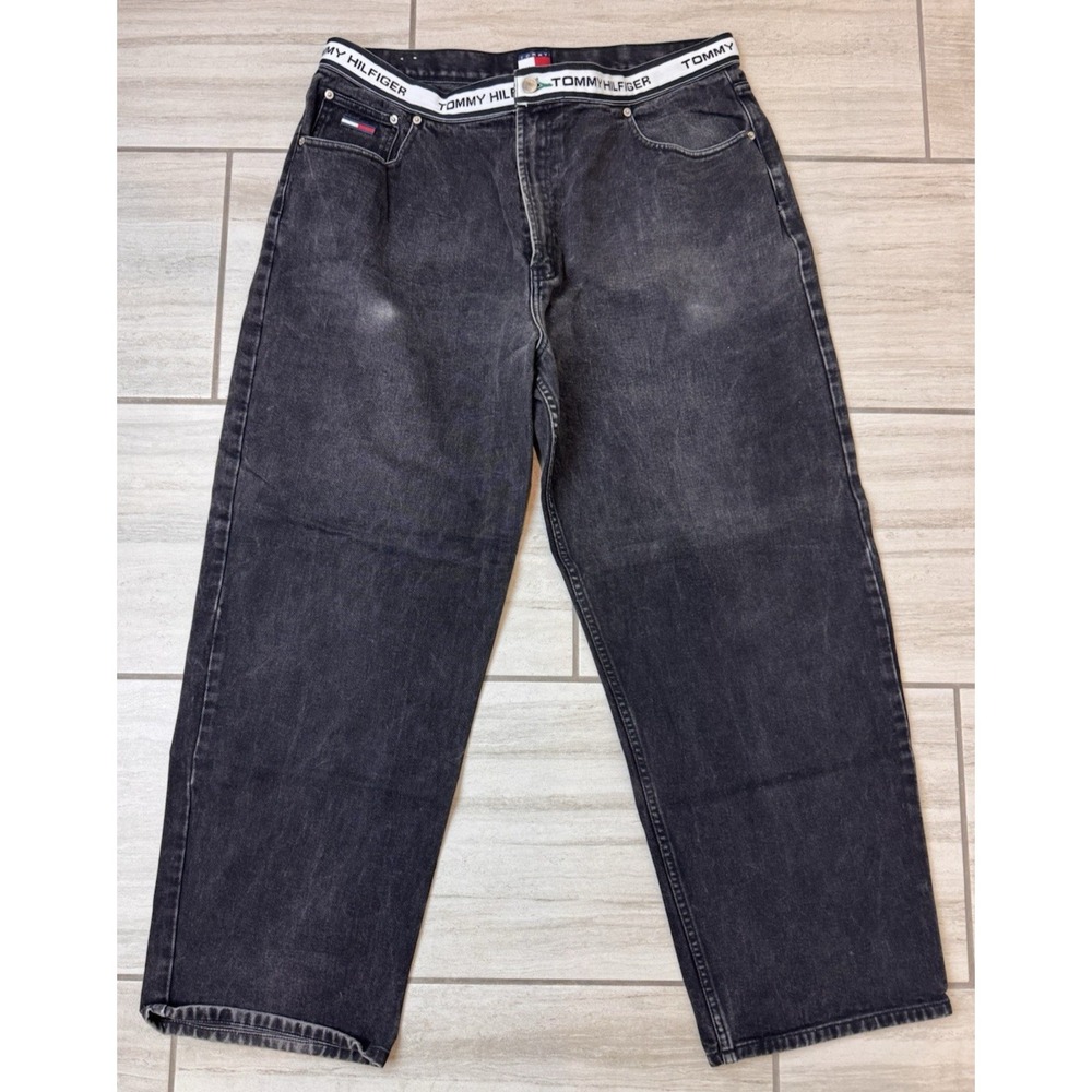 Vintage 90s Tommy Hilfiger Jeans Men 40x32 Baggy Denim Black Spell Out Waistband